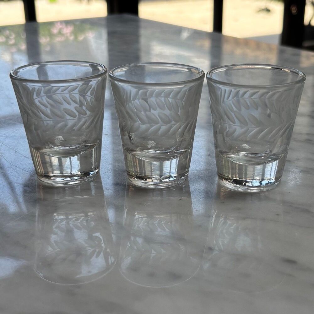 Vintage Anchor Hocking 3 Shot Glasses Etched Laurel Leaf Design Elevated Barware